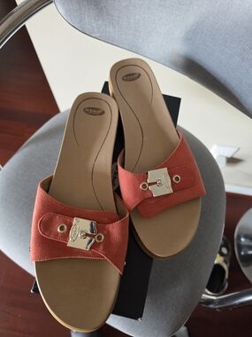Dr. Scholl's Coral-Orange Slide Sandals with Gold Buckle